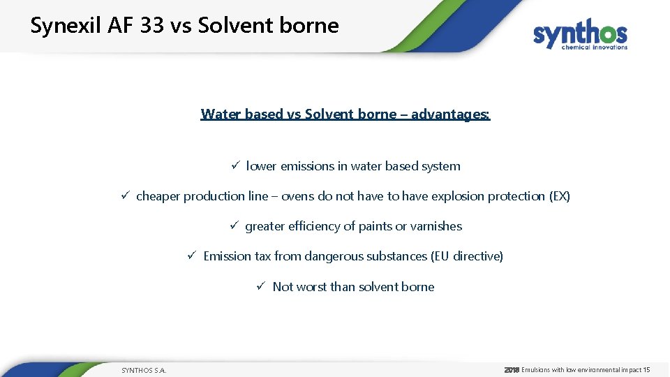 Synexil AF 33 vs Solvent borne Water based vs Solvent borne – advantages: ü