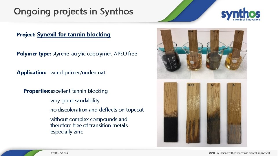 Ongoing projects in Synthos Project: Synexil for tannin blocking Polymer type: styrene-acrylic copolymer, APEO