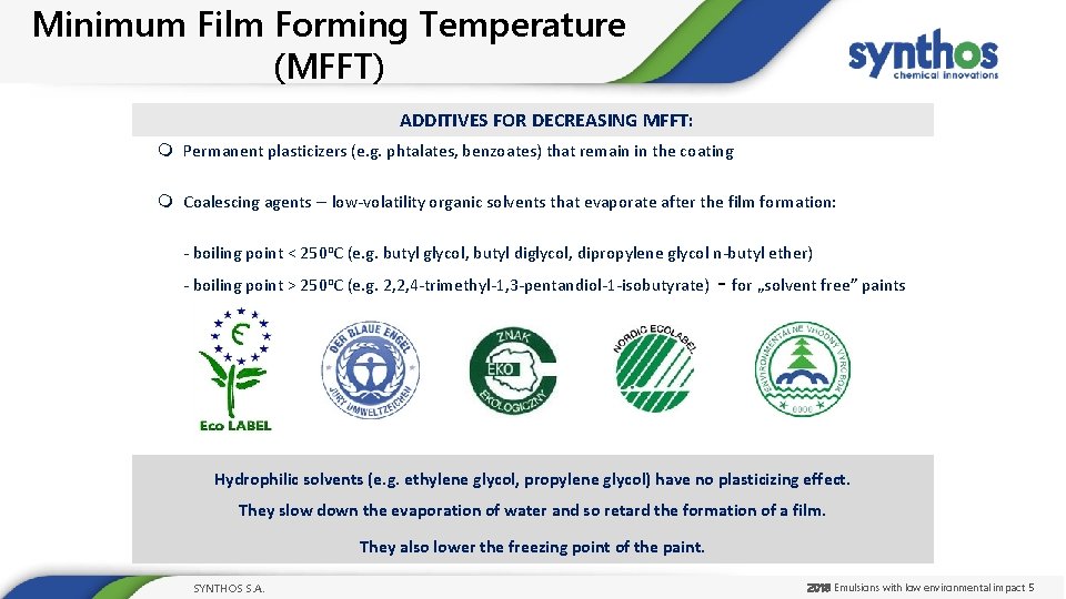 Minimum Film Forming Temperature (MFFT) ADDITIVES FOR DECREASING MFFT: m Permanent plasticizers (e. g.