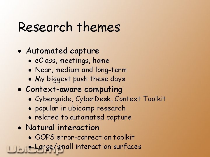 Research themes · Automated capture · e. Class, meetings, home · Near, medium and