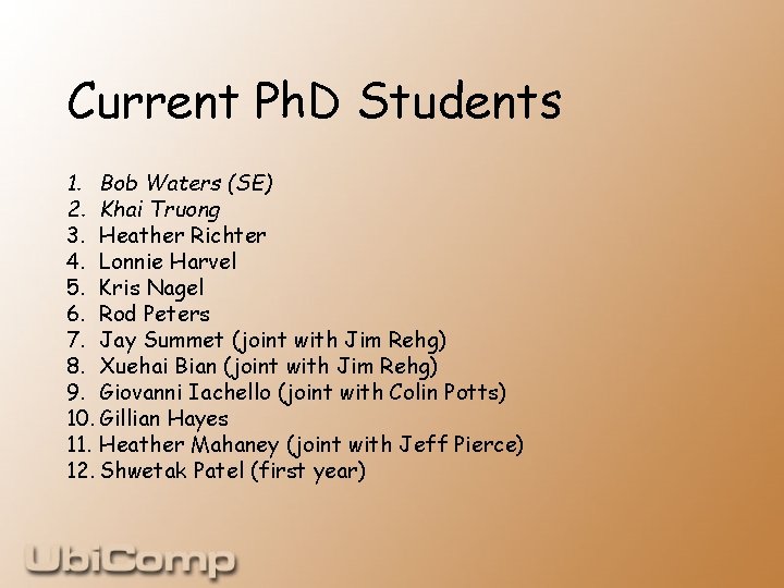 Current Ph. D Students 1. Bob Waters (SE) 2. Khai Truong 3. Heather Richter