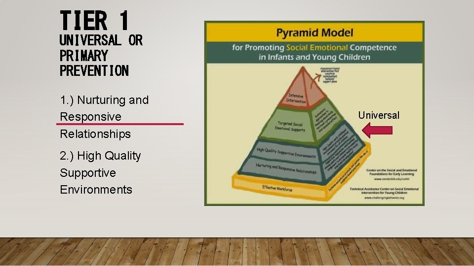 TIER 1 UNIVERSAL OR PRIMARY PREVENTION 1. ) Nurturing and Responsive Relationships 2. )