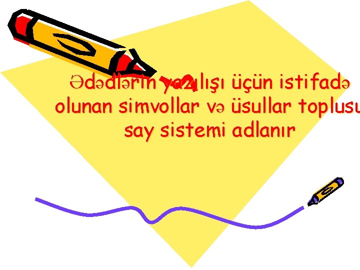 Ədədlərin yazılışı üçün istifadə olunan simvollar və üsullar toplusu say sistemi adlanır 