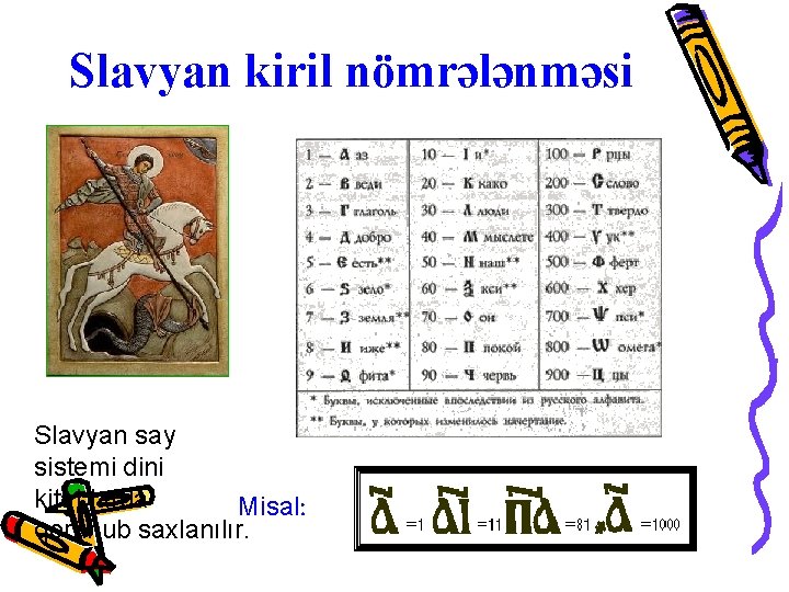 Slavyan kiril nömrələnməsi Slavyan say sistemi dini kitablarda Misal: qorunub saxlanılır. 