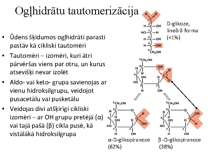 Ogļhidrātu tautomerizācija • Ūdens šķīdumos ogļhidrāti parasti pastāv kā cikliski tautomēri • Tautomēri –