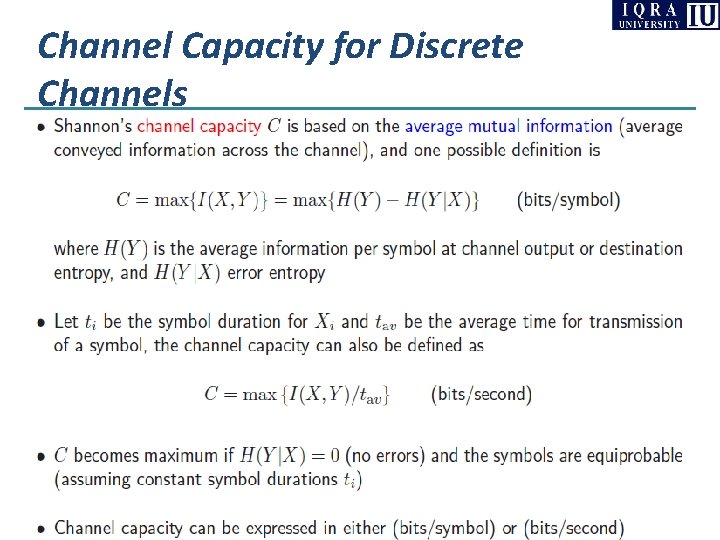 Channel Capacity for Discrete Channels Channel Capacity for Discrete Channels