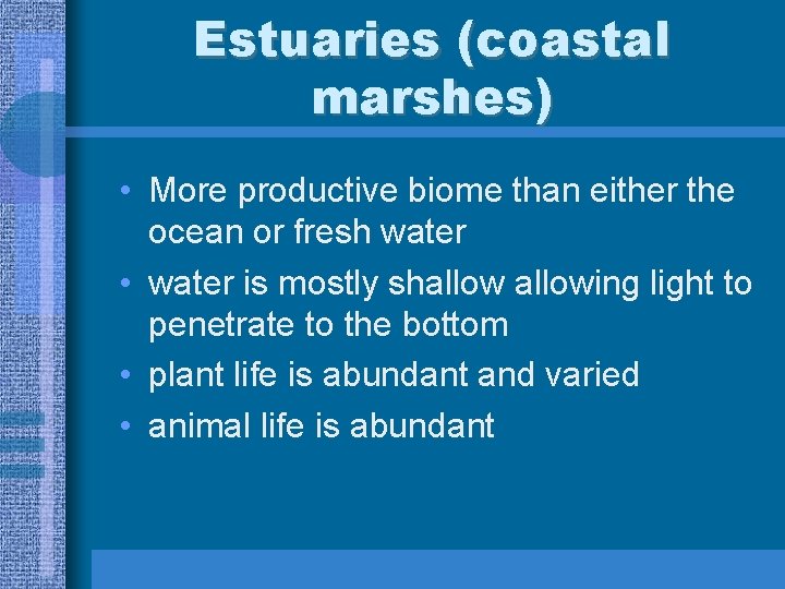 Estuaries (coastal marshes) • More productive biome than either the ocean or fresh water