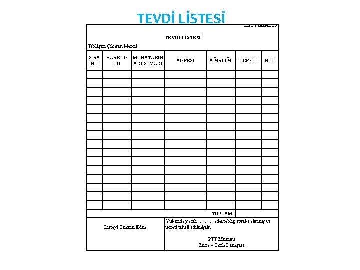 TEVDİ LİSTESİ Örnek No: 8 Tebligat Yön. m. 75 TEVDİ LİSTESİ Tebligatı Çıkaran Mercii