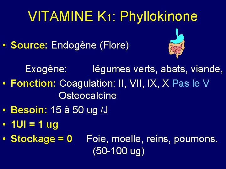 VITAMINE K 1: Phyllokinone • Source: Endogène (Flore) • • Exogène: légumes verts, abats,