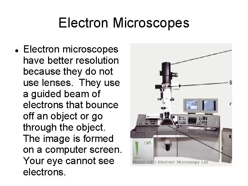 Electron Microscopes Electron microscopes have better resolution because they do not use lenses. They