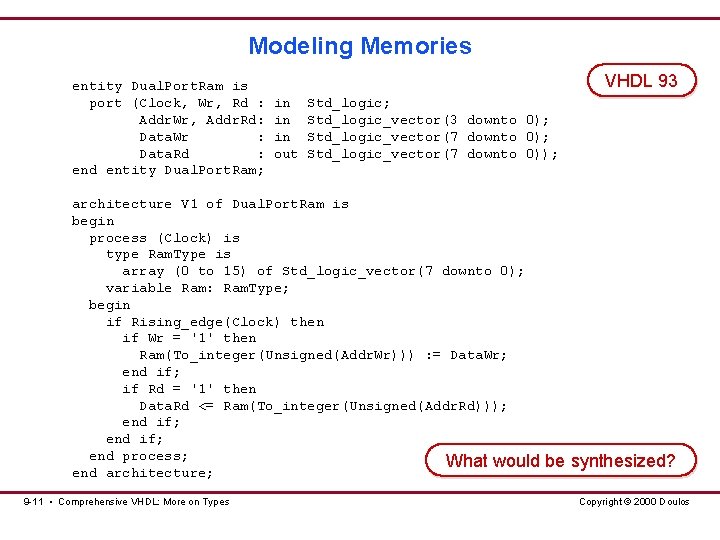 Modeling Memories entity Dual. Port. Ram is port (Clock, Wr, Rd : Addr. Wr, Modeling Memories entity Dual. Port. Ram is port (Clock, Wr, Rd : Addr. Wr,