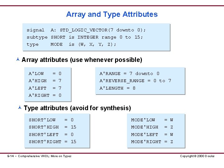 Array and Type Attributes signal A: STD_LOGIC_VECTOR(7 downto 0); subtype SHORT is INTEGER range Array and Type Attributes signal A: STD_LOGIC_VECTOR(7 downto 0); subtype SHORT is INTEGER range