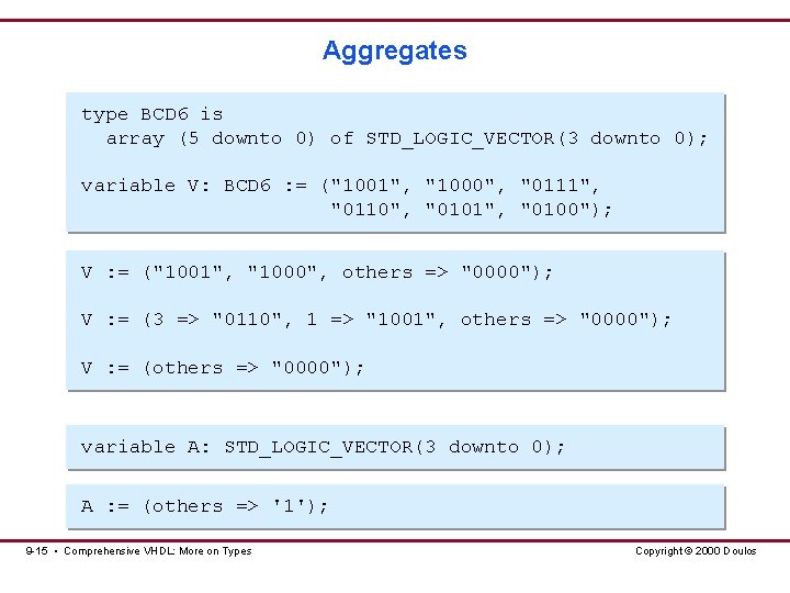 Aggregates type BCD 6 is array (5 downto 0) of STD_LOGIC_VECTOR(3 downto 0); variable Aggregates type BCD 6 is array (5 downto 0) of STD_LOGIC_VECTOR(3 downto 0); variable
