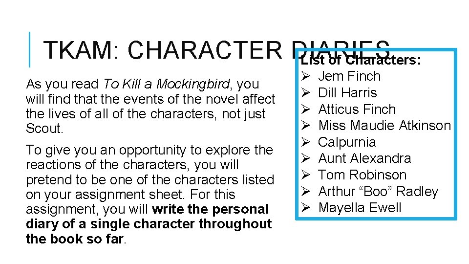 TKAM: CHARACTER DIARIES List of Characters: As you read To Kill a Mockingbird, you