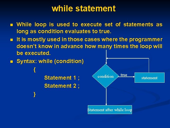 while statement n n n While loop is used to execute set of statements