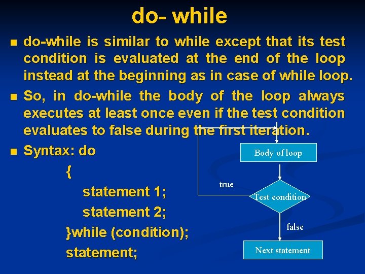 do- while n n n do-while is similar to while except that its test