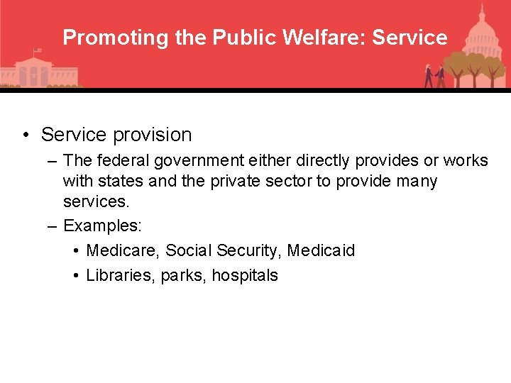 Promoting the Public Welfare: Service • Service provision – The federal government either directly