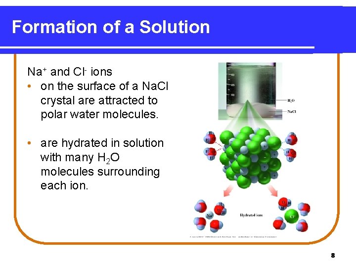 Formation of a Solution Na+ and Cl- ions • on the surface of a