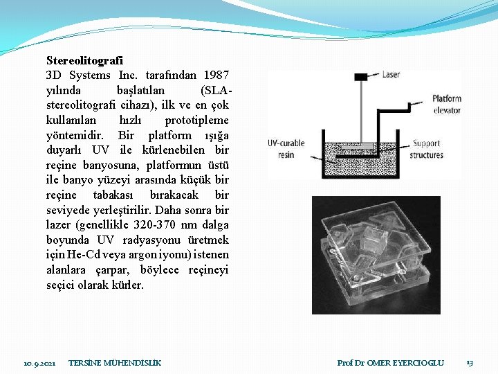 Stereolitografi 3 D Systems Inc. tarafından 1987 yılında başlatılan (SLAstereolitografi cihazı), ilk ve en