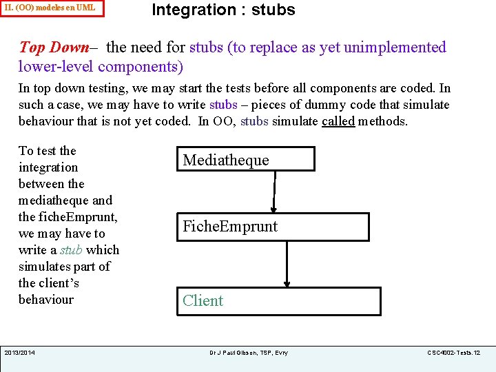 II. (OO) modeles en UML Integration : stubs Top Down– the need for stubs