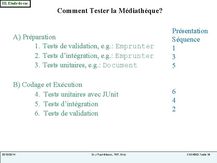 III. Etude de cas Comment Tester la Médiathèque? A) Préparation 1. Tests de validation,