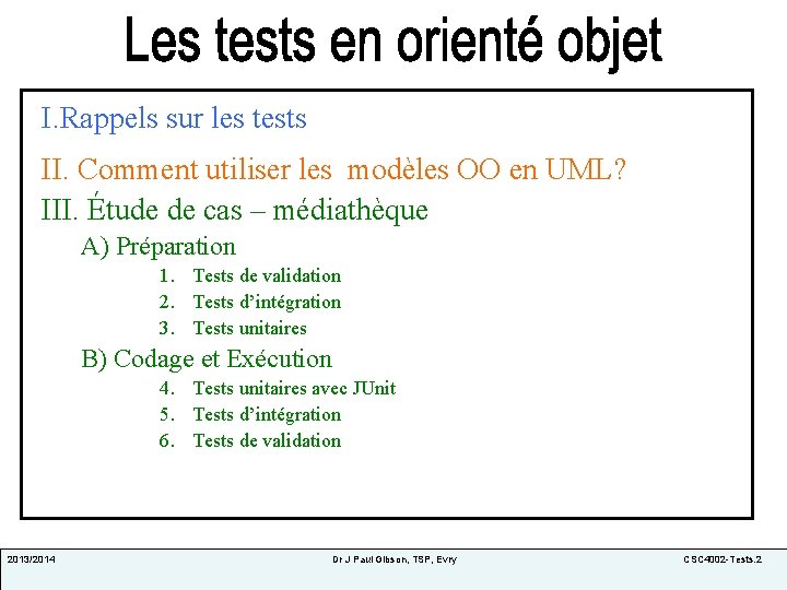 I. Rappels sur les tests II. Comment utiliser les modèles OO en UML? III.