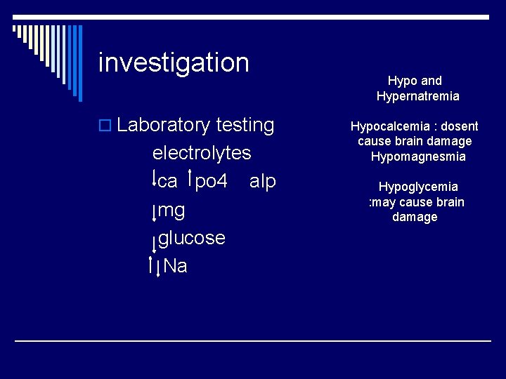 investigation o Laboratory testing electrolytes ca po 4 alp mg glucose Na Hypo and