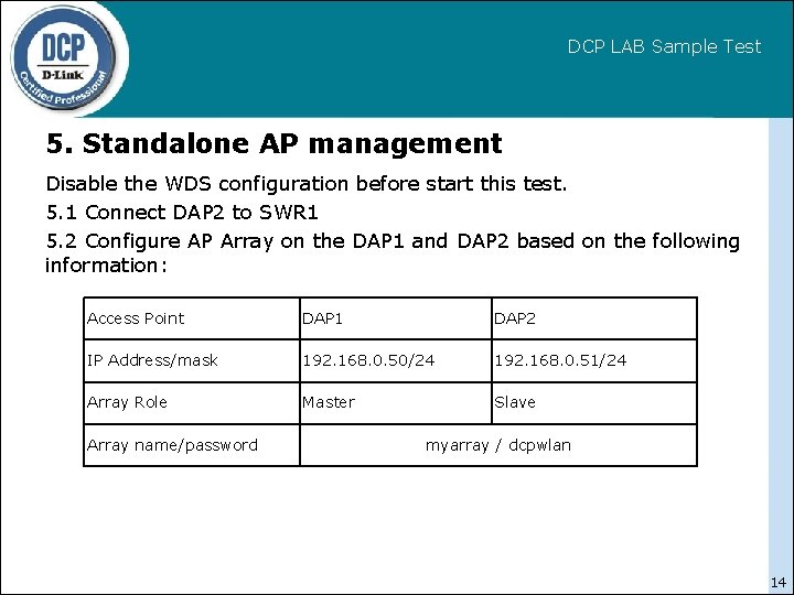 DCP LAB Sample Test 5. Standalone AP management Disable the WDS configuration before start