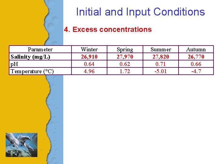 Initial and Input Conditions 4. Excess concentrations Parameter Salinity (mg/L) p. H Temperature (°C)