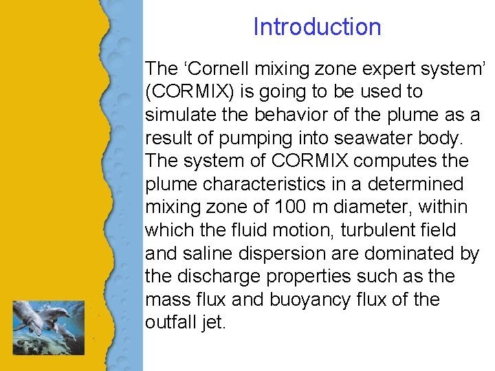 Introduction The ‘Cornell mixing zone expert system’ (CORMIX) is going to be used to