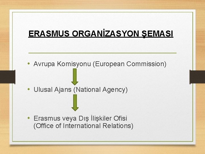 ERASMUS ORGANİZASYON ŞEMASI • Avrupa Komisyonu (European Commission) • Ulusal Ajans (National Agency) •