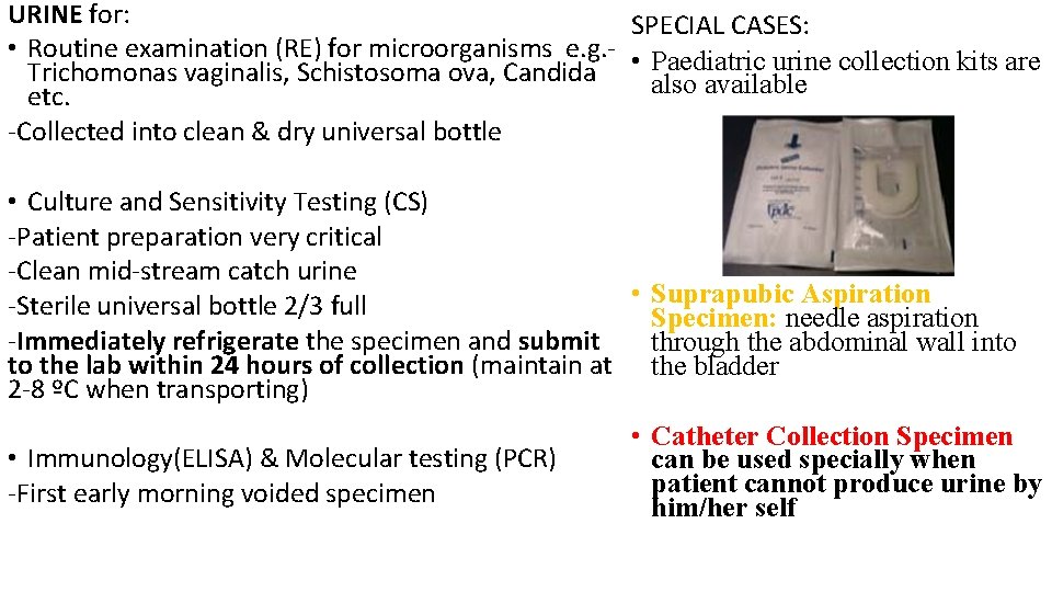 URINE for: SPECIAL CASES: • Routine examination (RE) for microorganisms e. g. - •