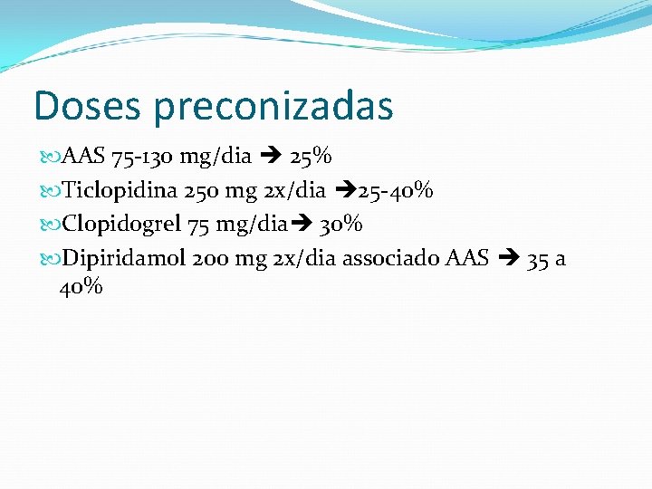 Doses preconizadas AAS 75 -130 mg/dia 25% Ticlopidina 250 mg 2 x/dia 25 -40%