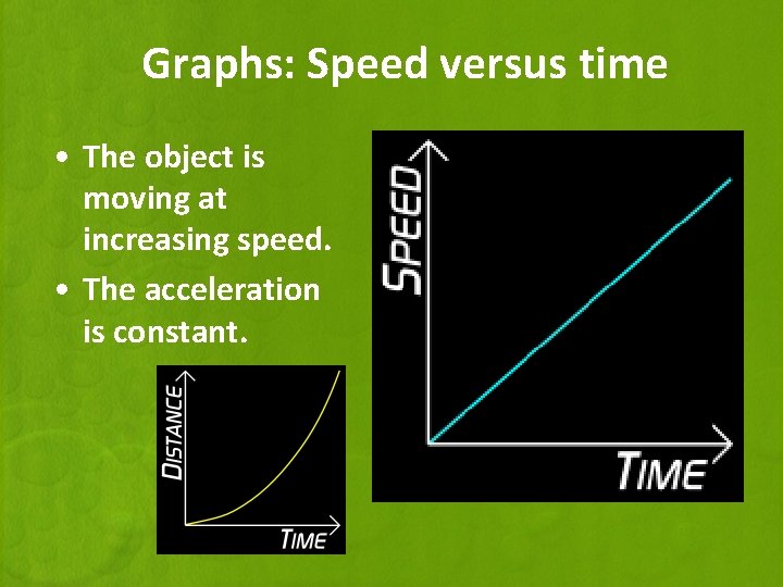 Graphs: Speed versus time • The object is moving at increasing speed. • The