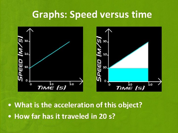 Graphs: Speed versus time • What is the acceleration of this object? • How