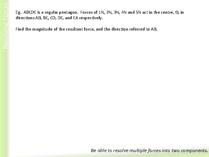 Resolving Forces Eg. ABCDE is a regular pentagon. Forces of 1 N, 2 N,