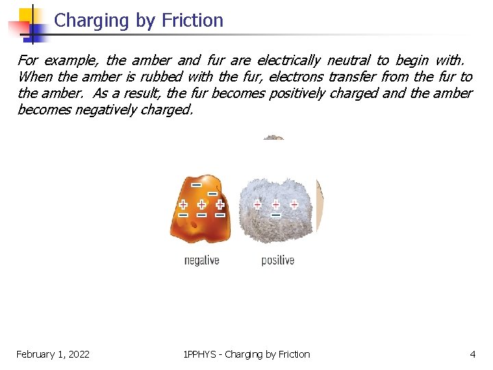Charging by Friction For example, the amber and fur are electrically neutral to begin