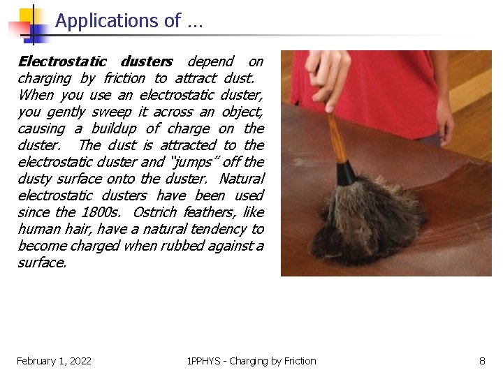 Applications of … Electrostatic dusters depend on charging by friction to attract dust. When