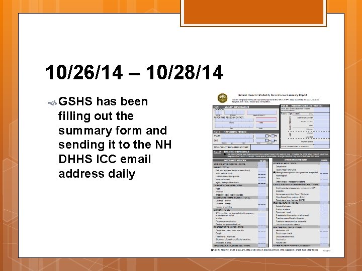 10/26/14 – 10/28/14 GSHS has been filling out the summary form and sending it