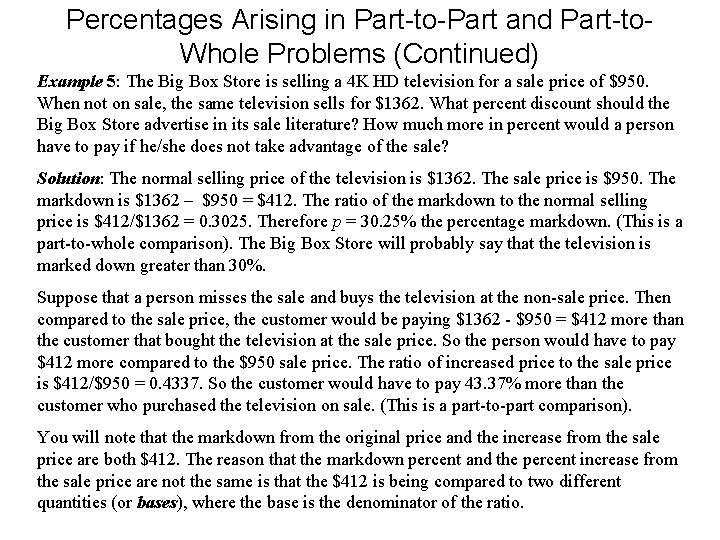 Percentages Arising in Part-to-Part and Part-to. Whole Problems (Continued) Example 5: The Big Box Percentages Arising in Part-to-Part and Part-to. Whole Problems (Continued) Example 5: The Big Box