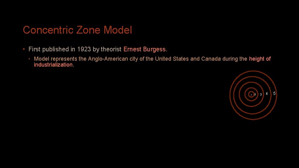 Concentric Zone Model • First published in 1923 by theorist Ernest Burgess. • Model