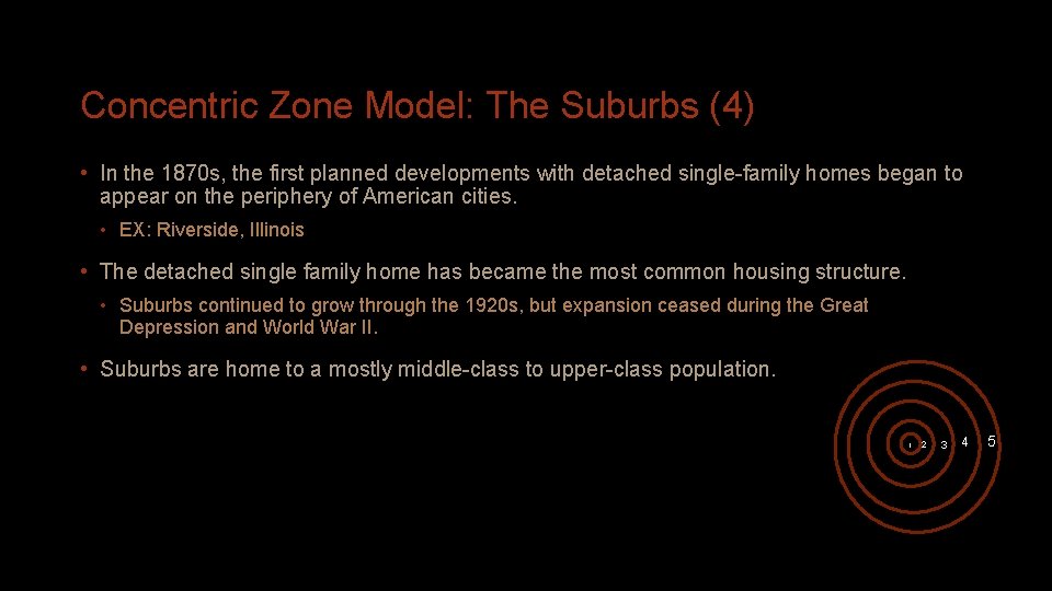 Concentric Zone Model: The Suburbs (4) • In the 1870 s, the first planned