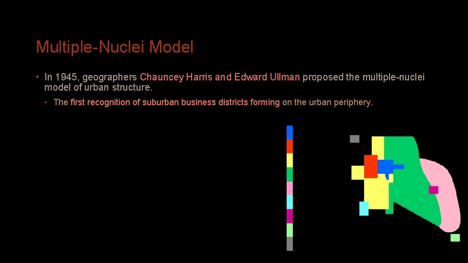 Multiple-Nuclei Model • In 1945, geographers Chauncey Harris and Edward Ullman proposed the multiple-nuclei