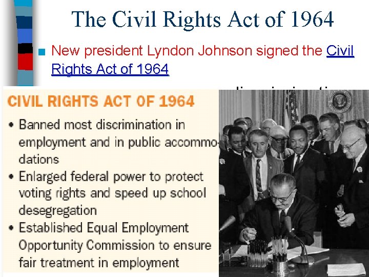 The Civil Rights Act of 1964 ■ New president Lyndon Johnson signed the Civil