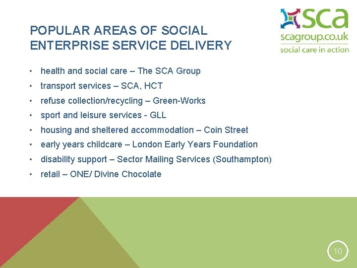 POPULAR AREAS OF SOCIAL ENTERPRISE SERVICE DELIVERY • health and social care – The