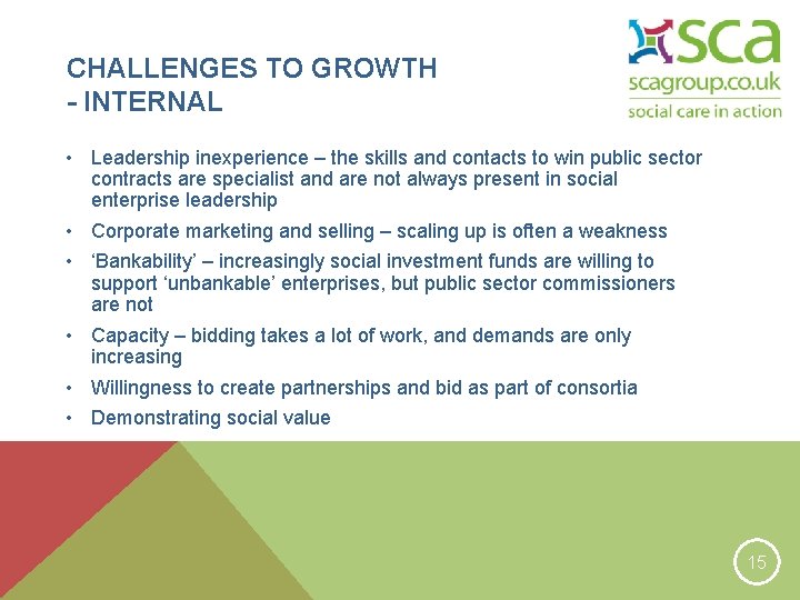 CHALLENGES TO GROWTH - INTERNAL • Leadership inexperience – the skills and contacts to