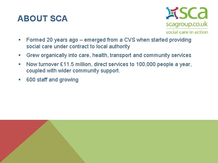 ABOUT SCA § Formed 20 years ago – emerged from a CVS when started