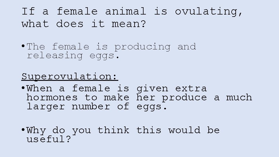 If a female animal is ovulating, what does it mean? • The female is