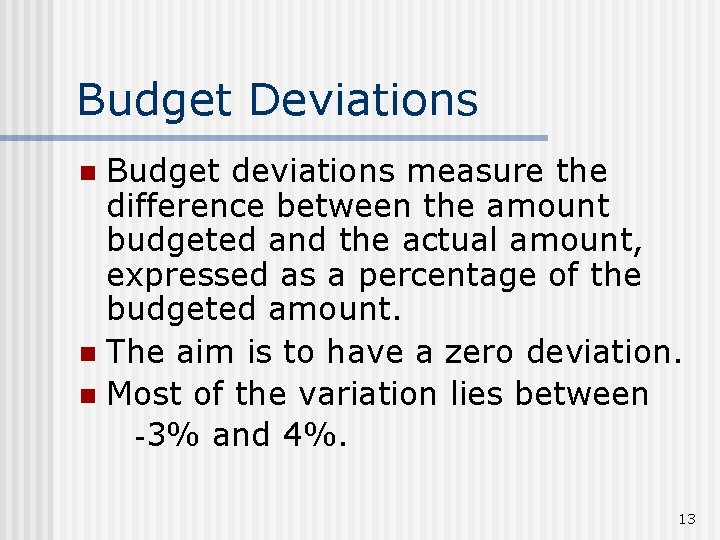 Budget Deviations Budget deviations measure the difference between the amount budgeted and the actual