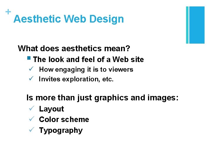 + Aesthetic Web Design What does aesthetics mean? § The look and feel of